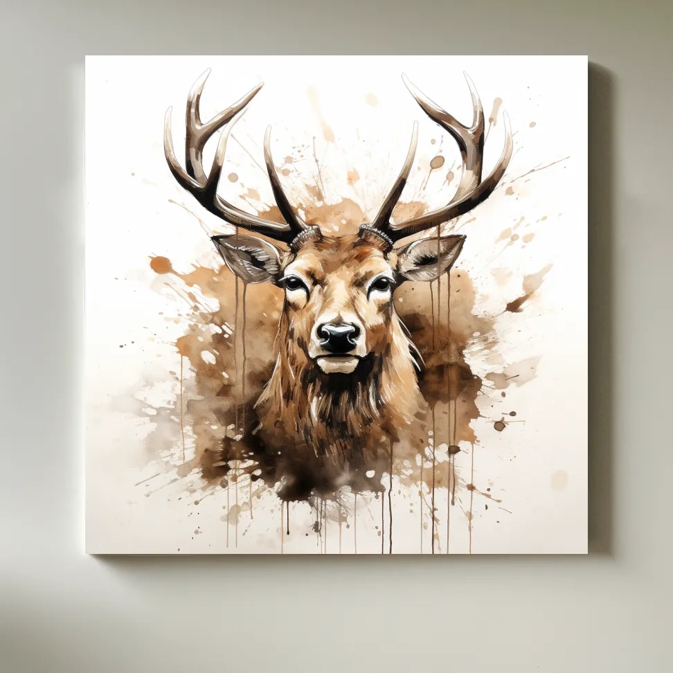 Splattered watercolour painting of a deers head