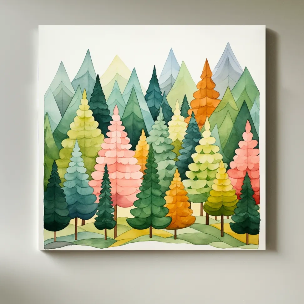 Whimsical Watercolor Pine Forest Mountains - Pastel Nursery Childrens Wall Art