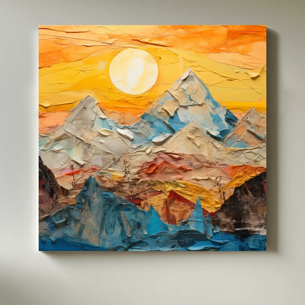 Collage Mountain Sunrise Painting - Warm Abstract Landscape Wall Art