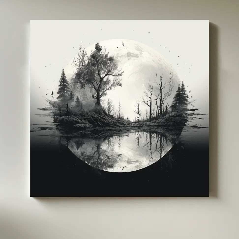 Surreal double exposure moon and forest drawing artwork