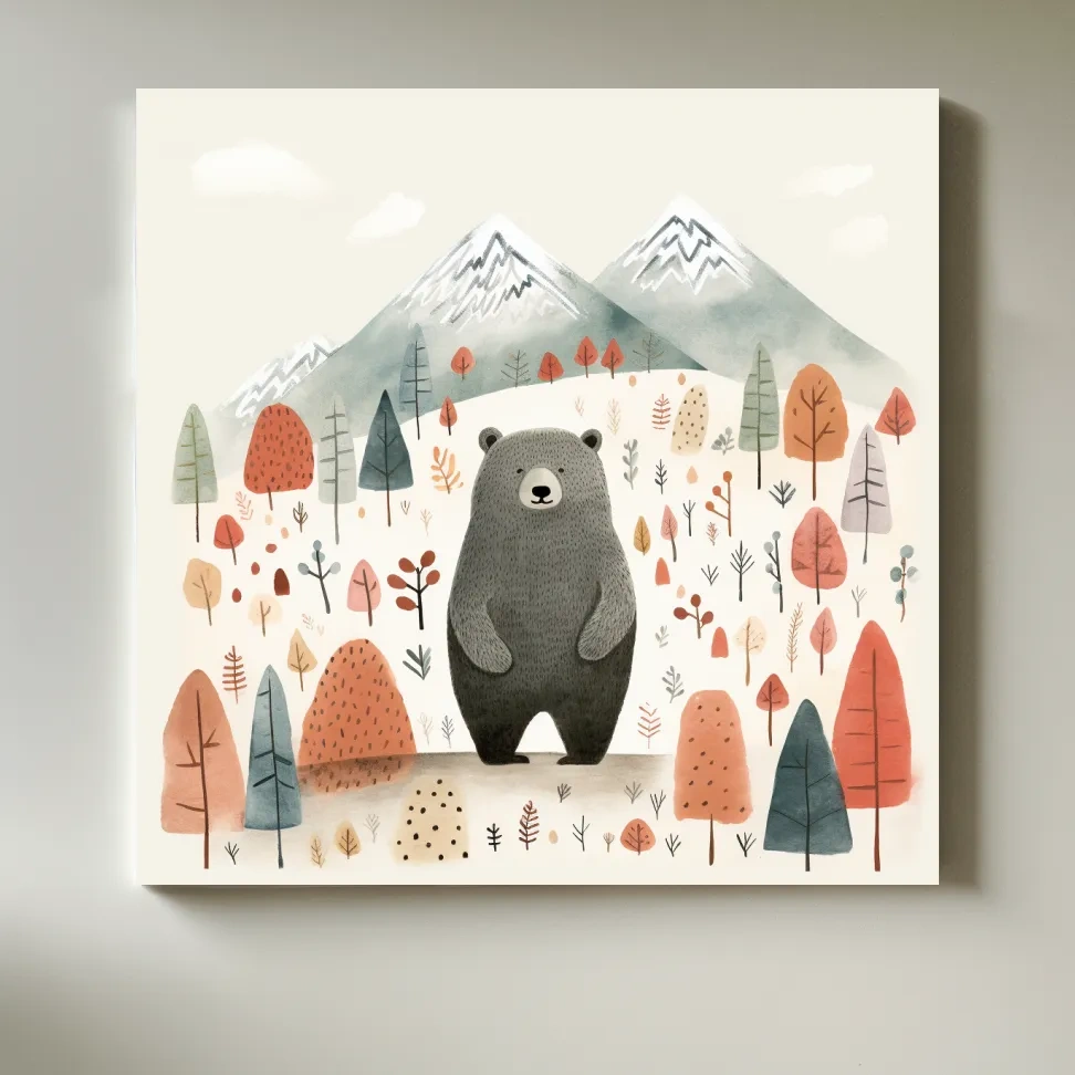 Nursery storybook art illustration of a black bear in the forest