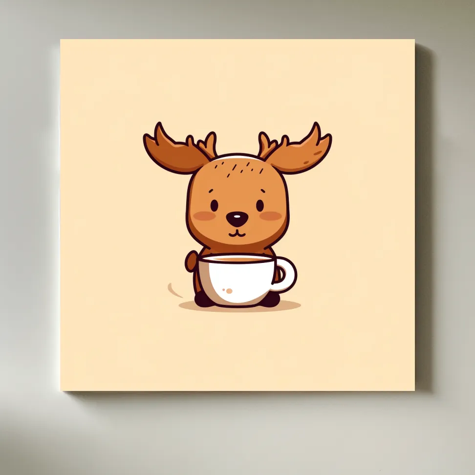 Cartoon illustration of a happy baby moose drinking coffee