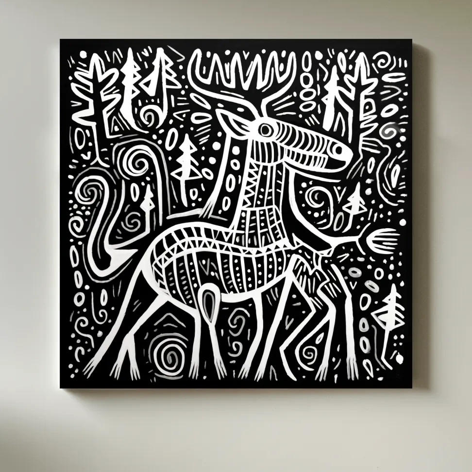 Quirky tribal style moose illustration art
