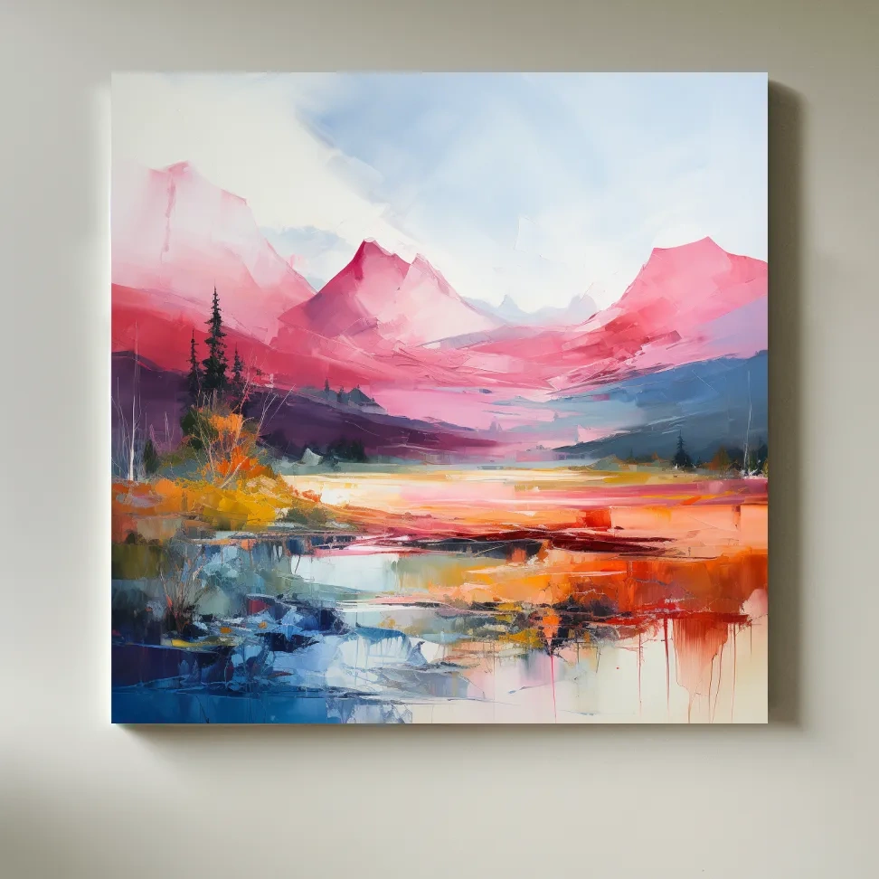 Abstract impressionist painting of an alpine mountain scene