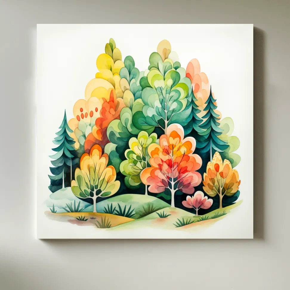 Whimsical Watercolor Forest Trees Illustration - Colorful Botanical Wall Art