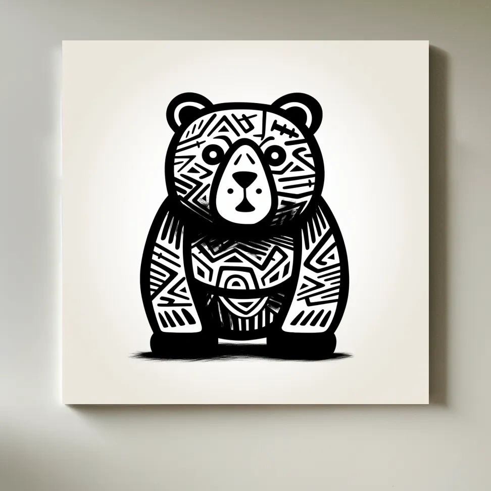 Tribal Pattern Bear Illustration - Quirky Black And White Animal Wall Art