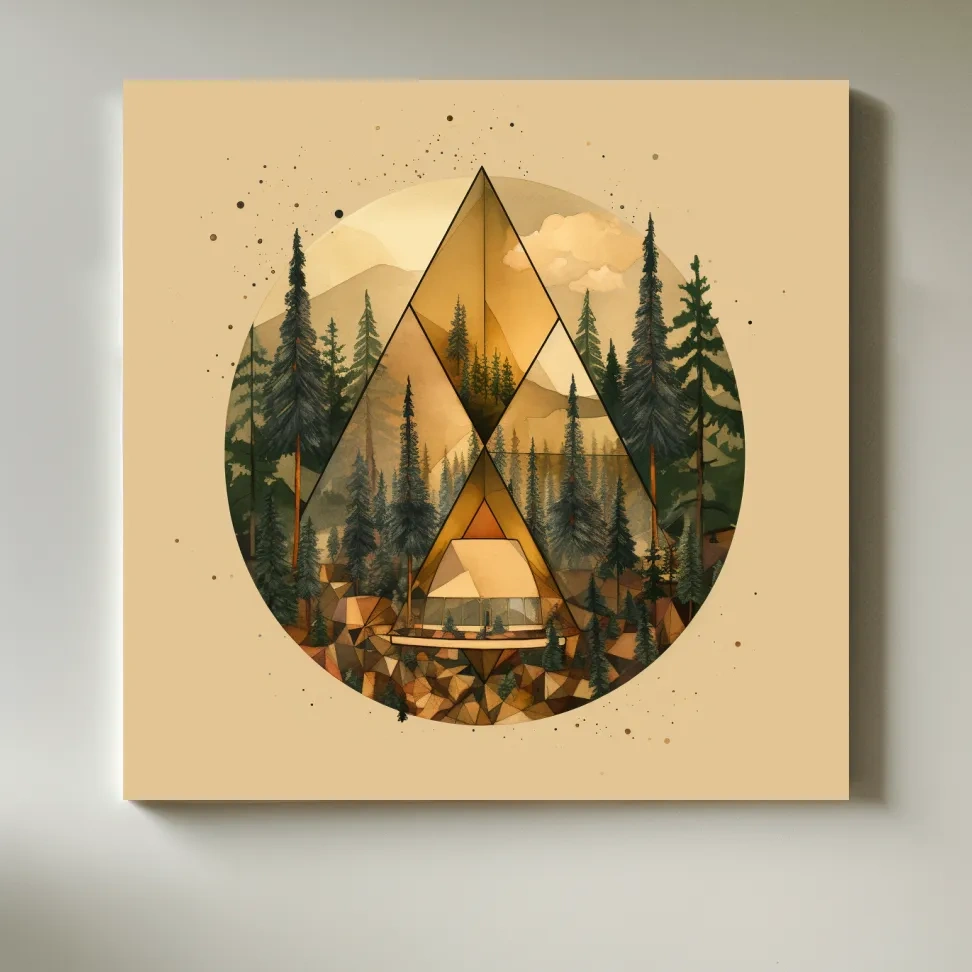 Geometric Mountain Cabin Forest Landscape - Modern Abstract Nature Wall Art