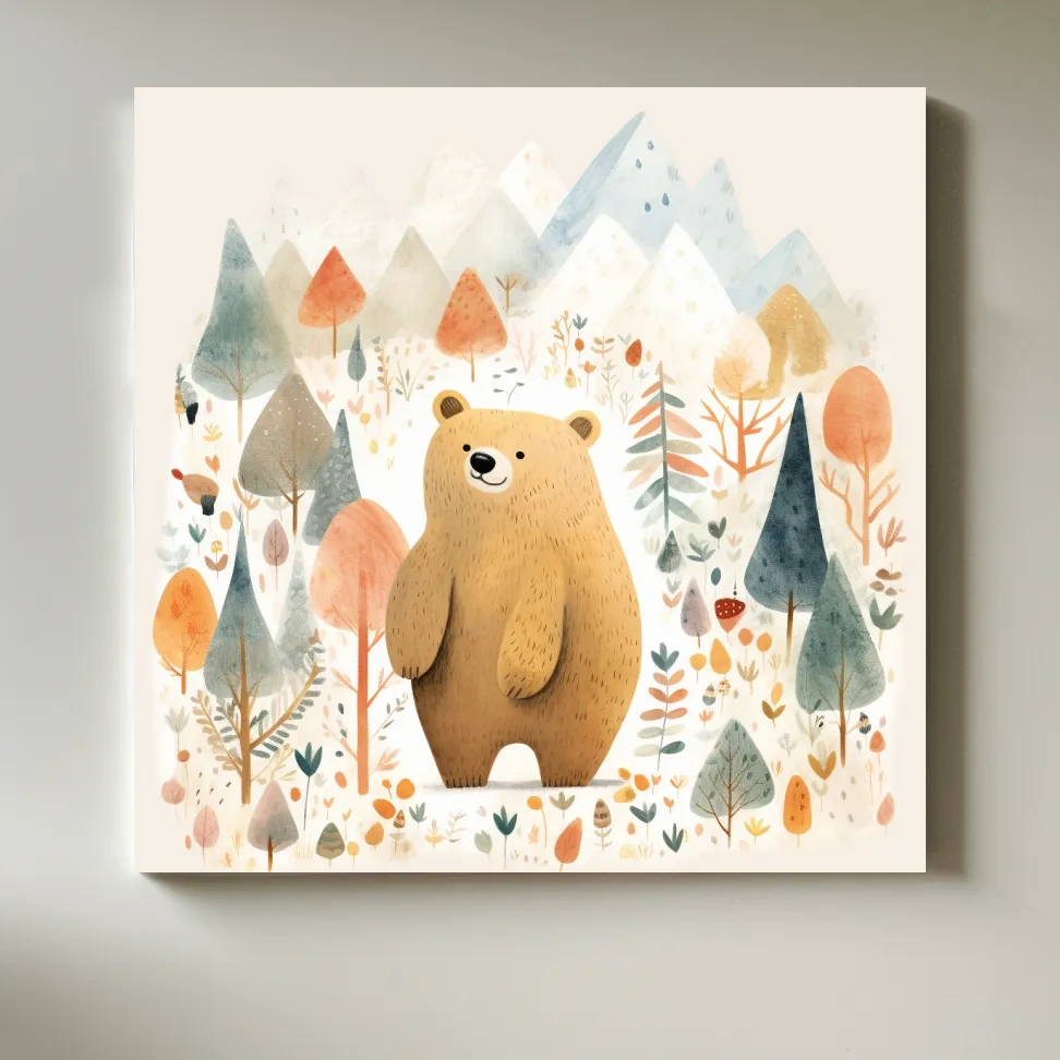 Cute quirky storybook nursery art, a brown bear in the mountains