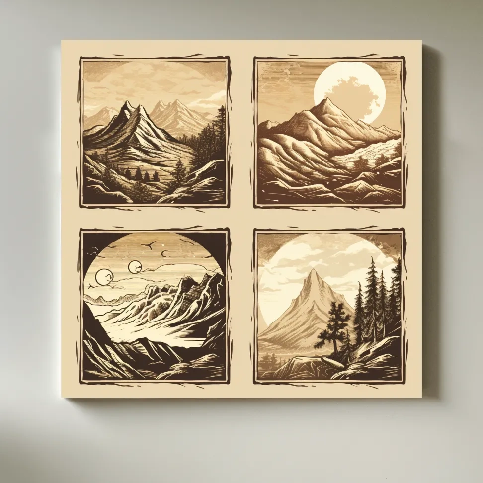 4x4 grid alpine mountain artwork, vector style illustrations, sepia tone