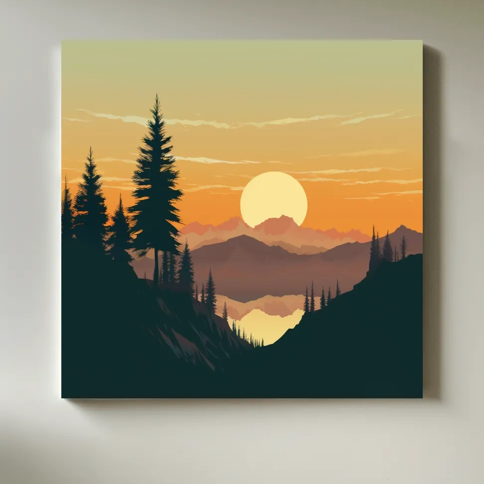 Mimimal mountain art, sunset over the alpine trees