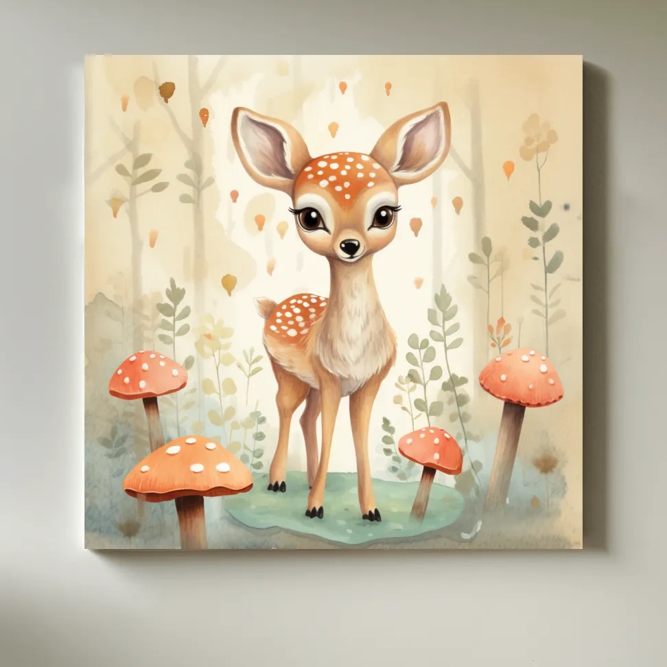Nursery art, illustration of a cute baby fawn in the forest