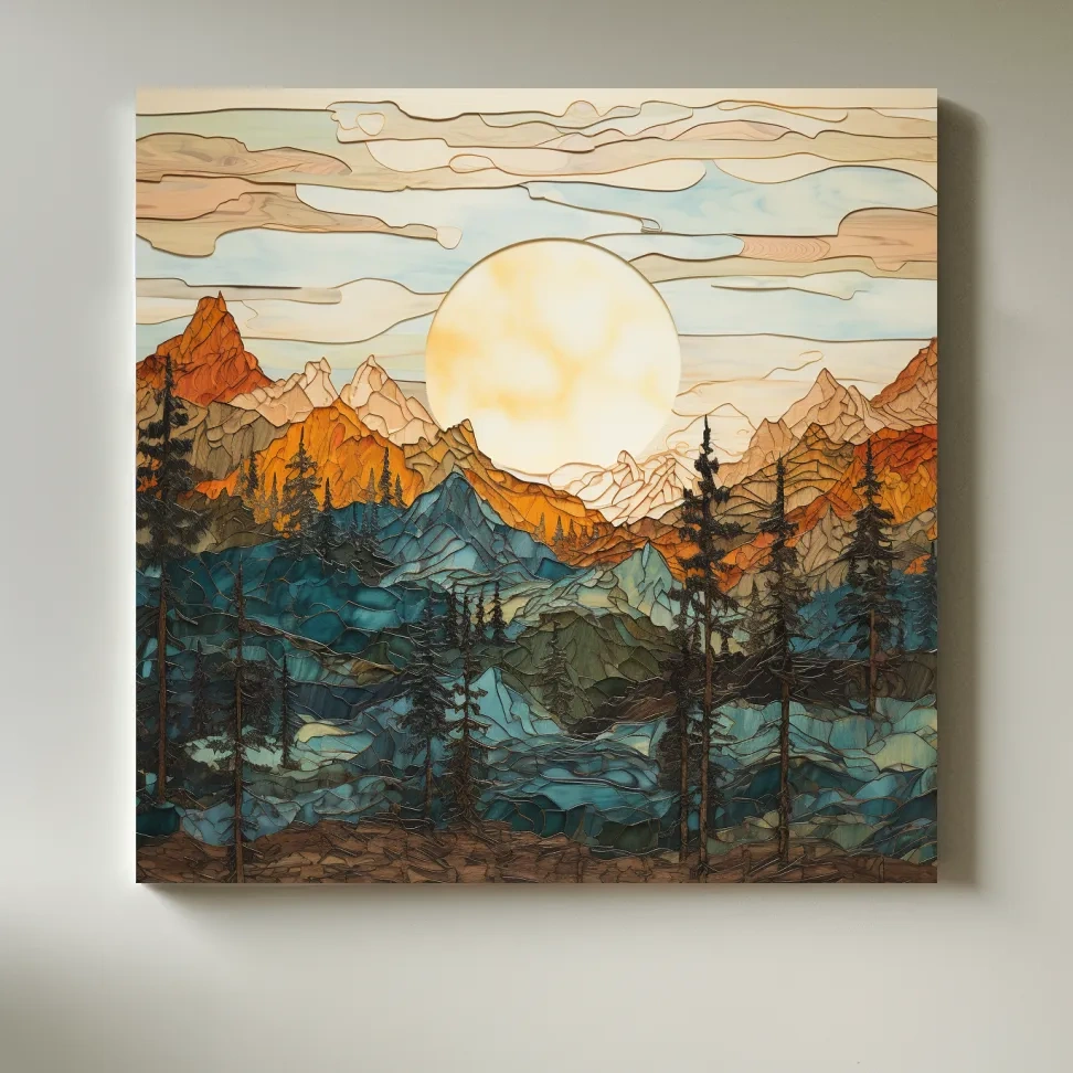 Sunset over the alpine forest mountain art, leadlight stained glass style