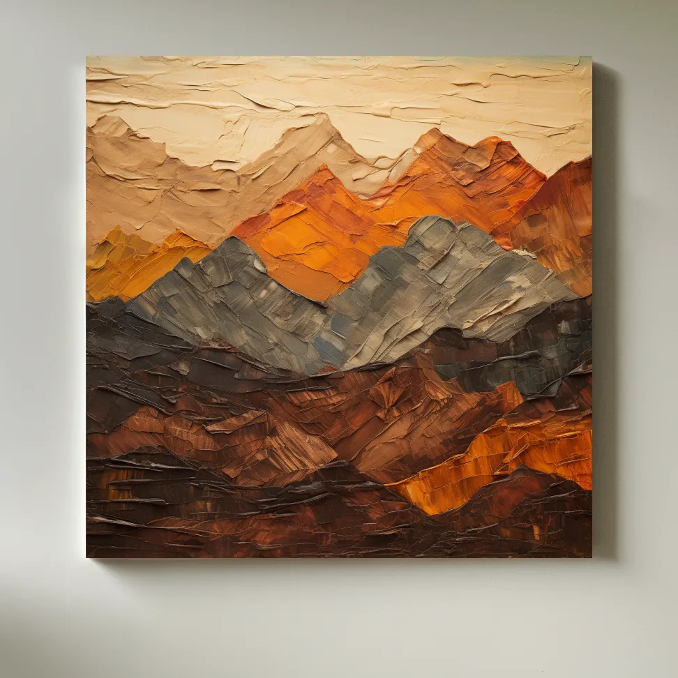 Textured impasto painting of earthy coloured mountains