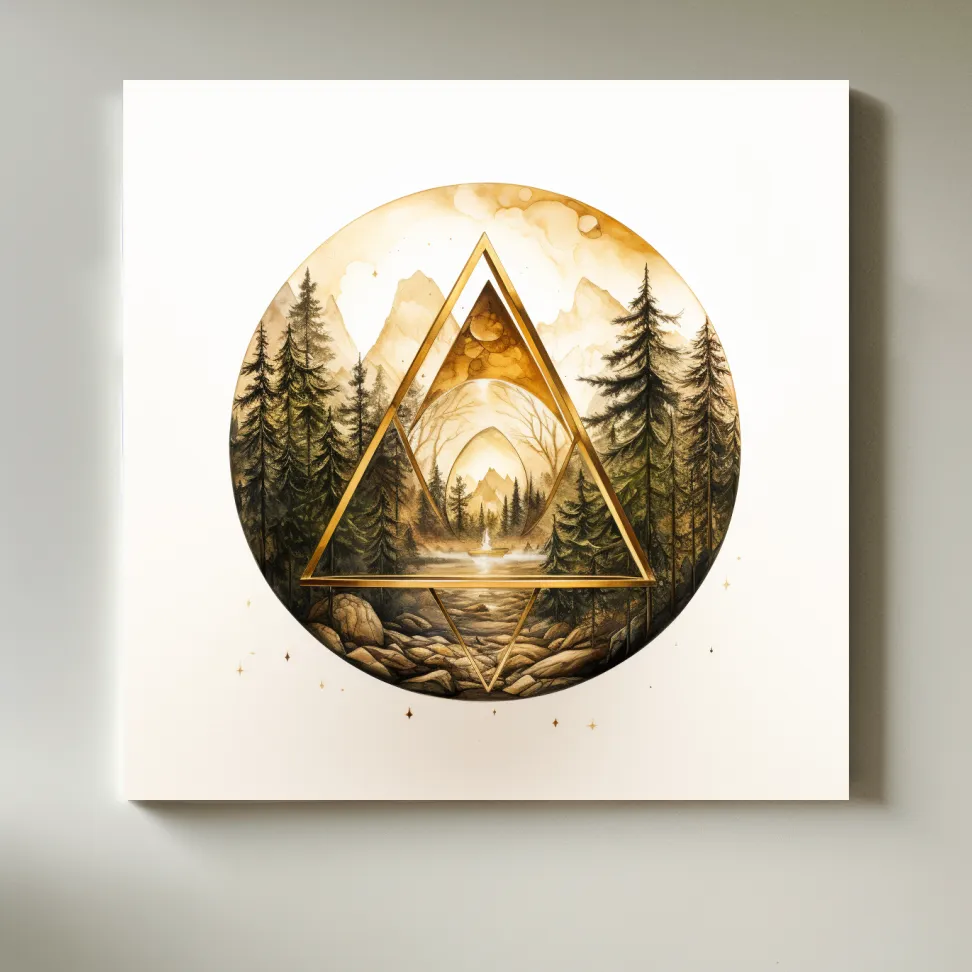 Rustic Mountain Forest Watercolor - Gold Sepia Landscape Wall Art