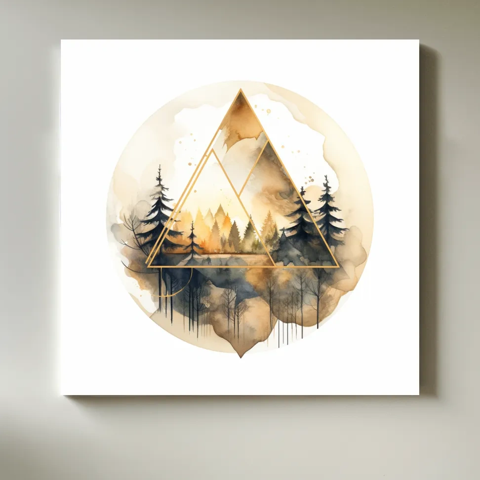 Geometric Watercolor Mountain Forest Landscape - Modern Rustic Nature Wall Art