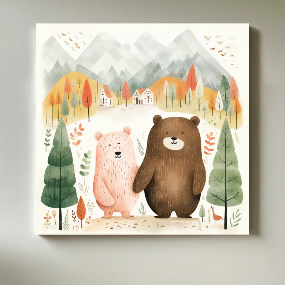 Cute Bear Couple Watercolor Illustration - Whimsical Mountain Forest Nursery Wall Art