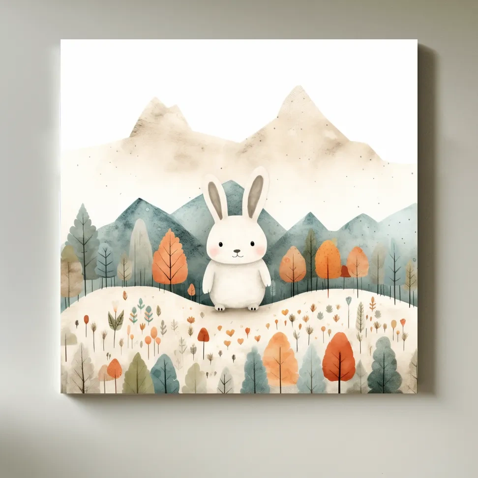 Cute happy bunny in the mountains, childrens storybook illustration art 