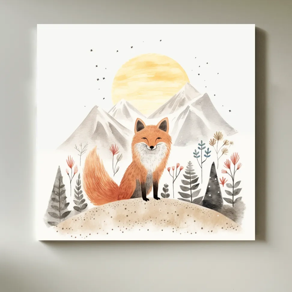 Cute quirky storybook nursery art, a happy fox in the mountains