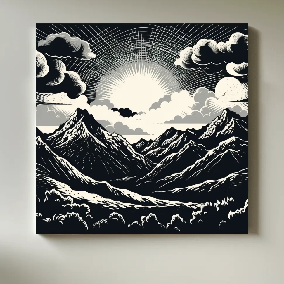 Sunset over mountain ranges, linocut style black & white artwork