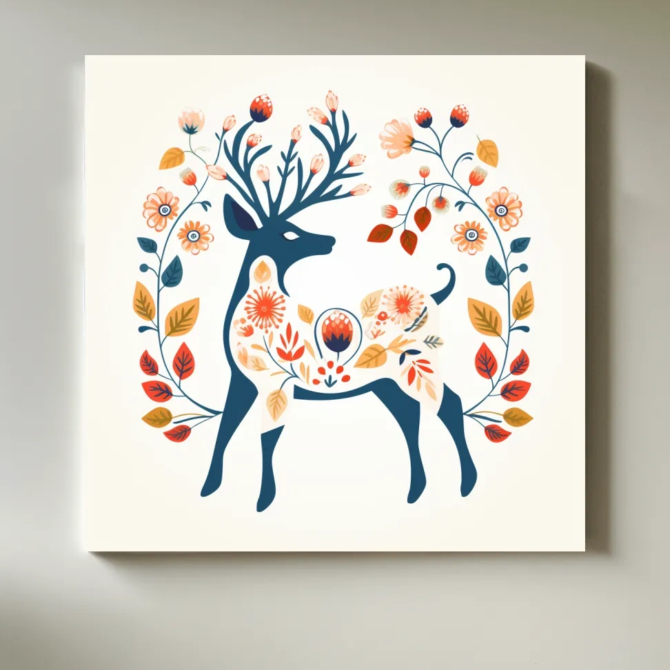 Deer and flowers print, folk style artwork