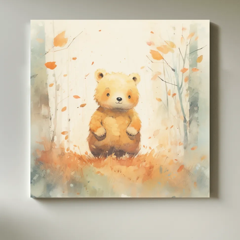 Cute bear cub in the forest, nursery watercolour style illustration art