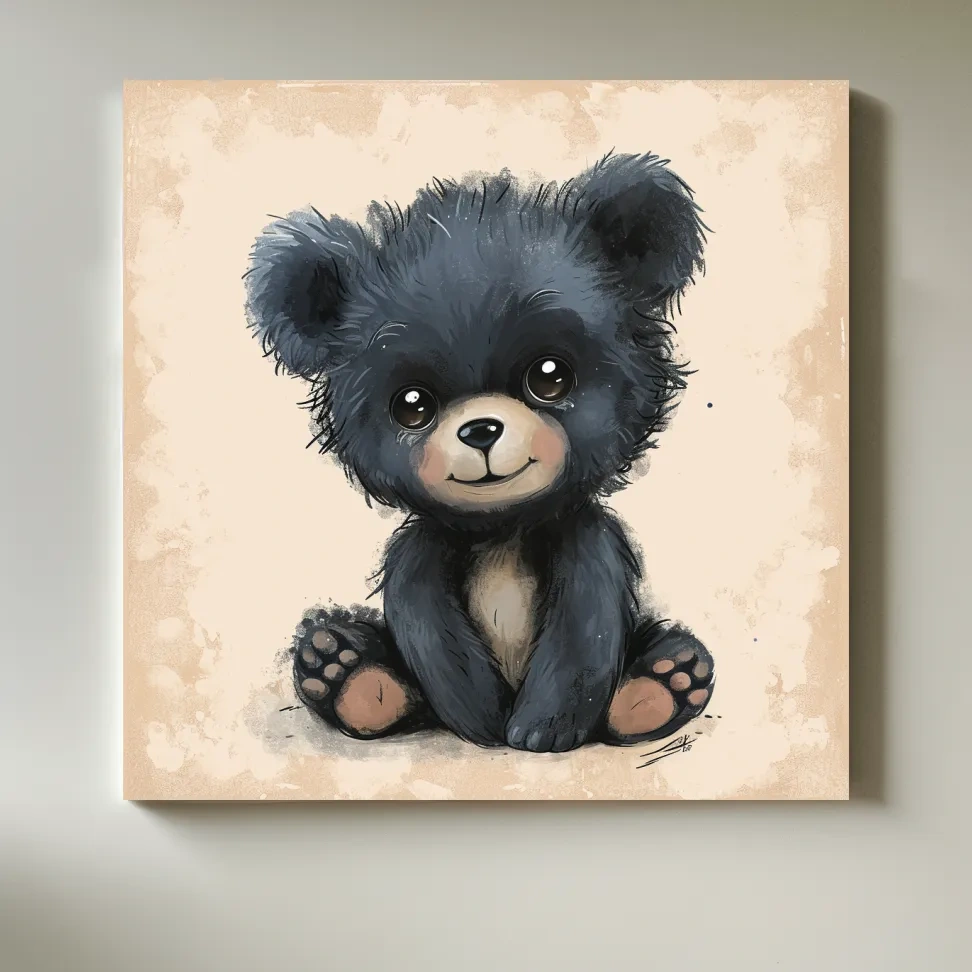 Nursery artwork, painting of a cute baby black bear cub