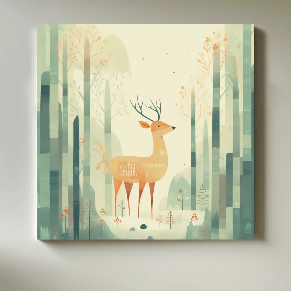 Deer in a forest, quirky nursery artwork illustration