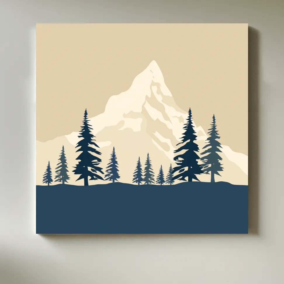 Treeline before the glacier, simple flatcolour 2d rustic mountain artwork