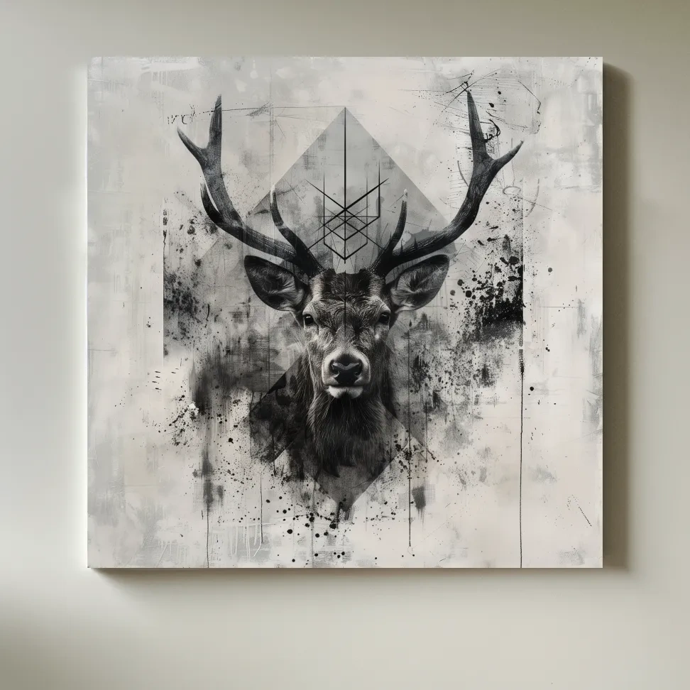 Tribal Monochrome Deer Stag Portrait - Tattoo Style Wildlife Wall Art