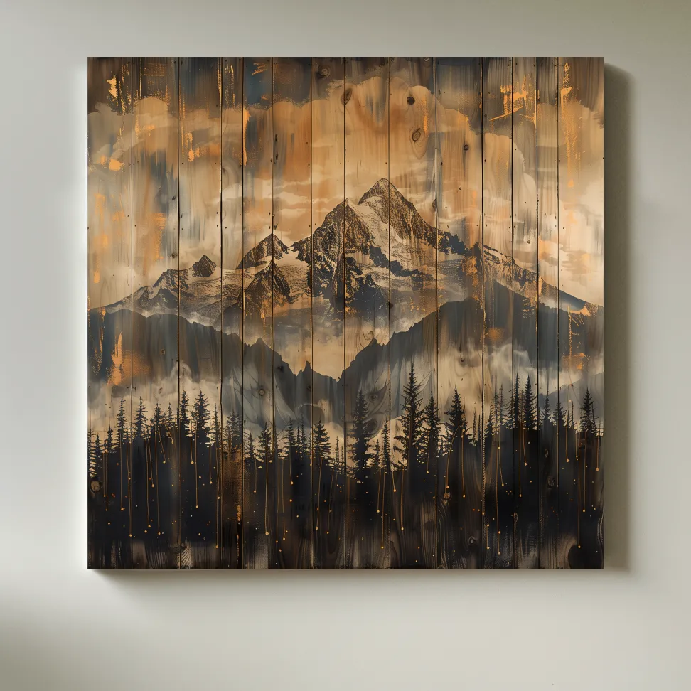 Mountain range cabin art, rustic wood burning effect, wooden panel style