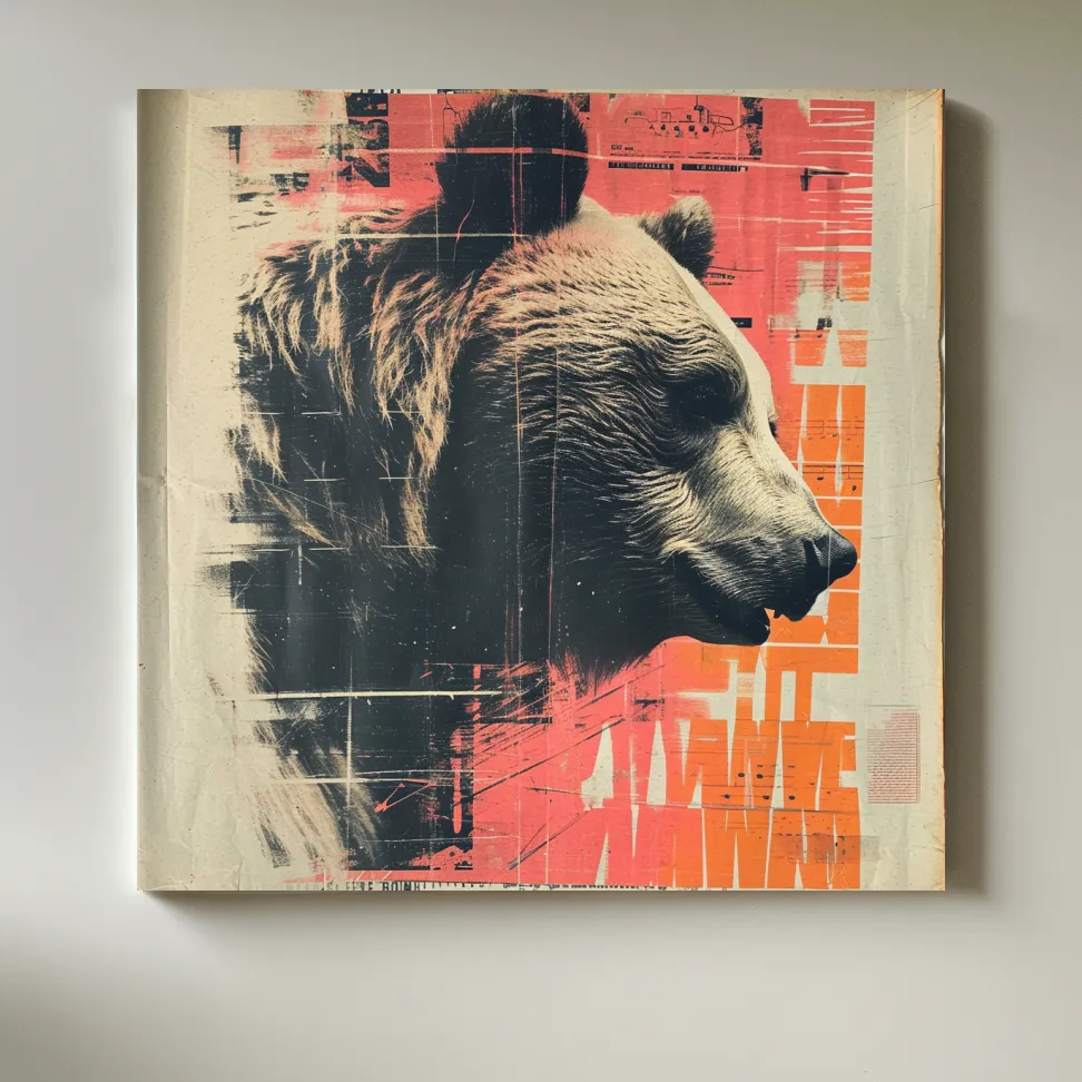 Grizzly bear artwork, magazine collage style art illustration