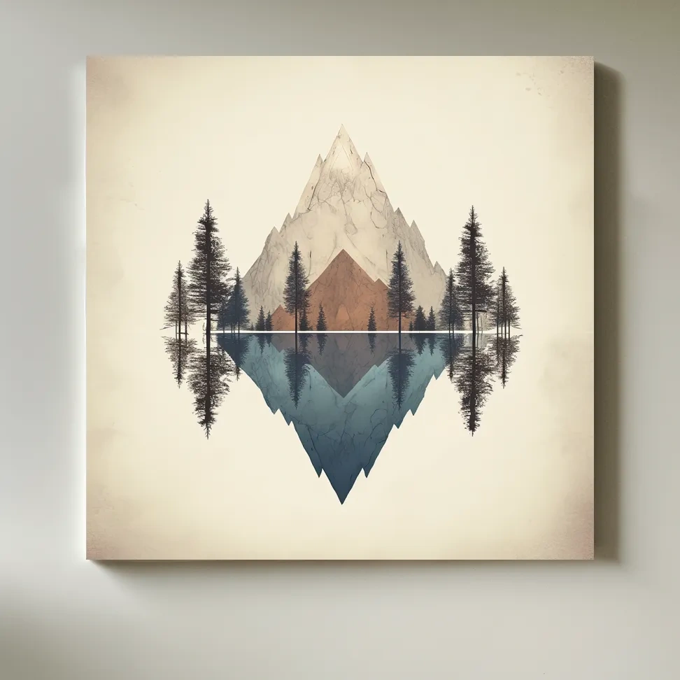 Minimal mountain art, reflections in the lake