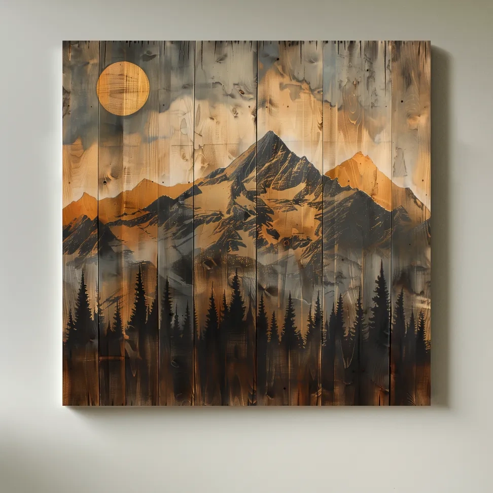 Mountain range alpine forest art, rustic wood burning effect, wood panel art