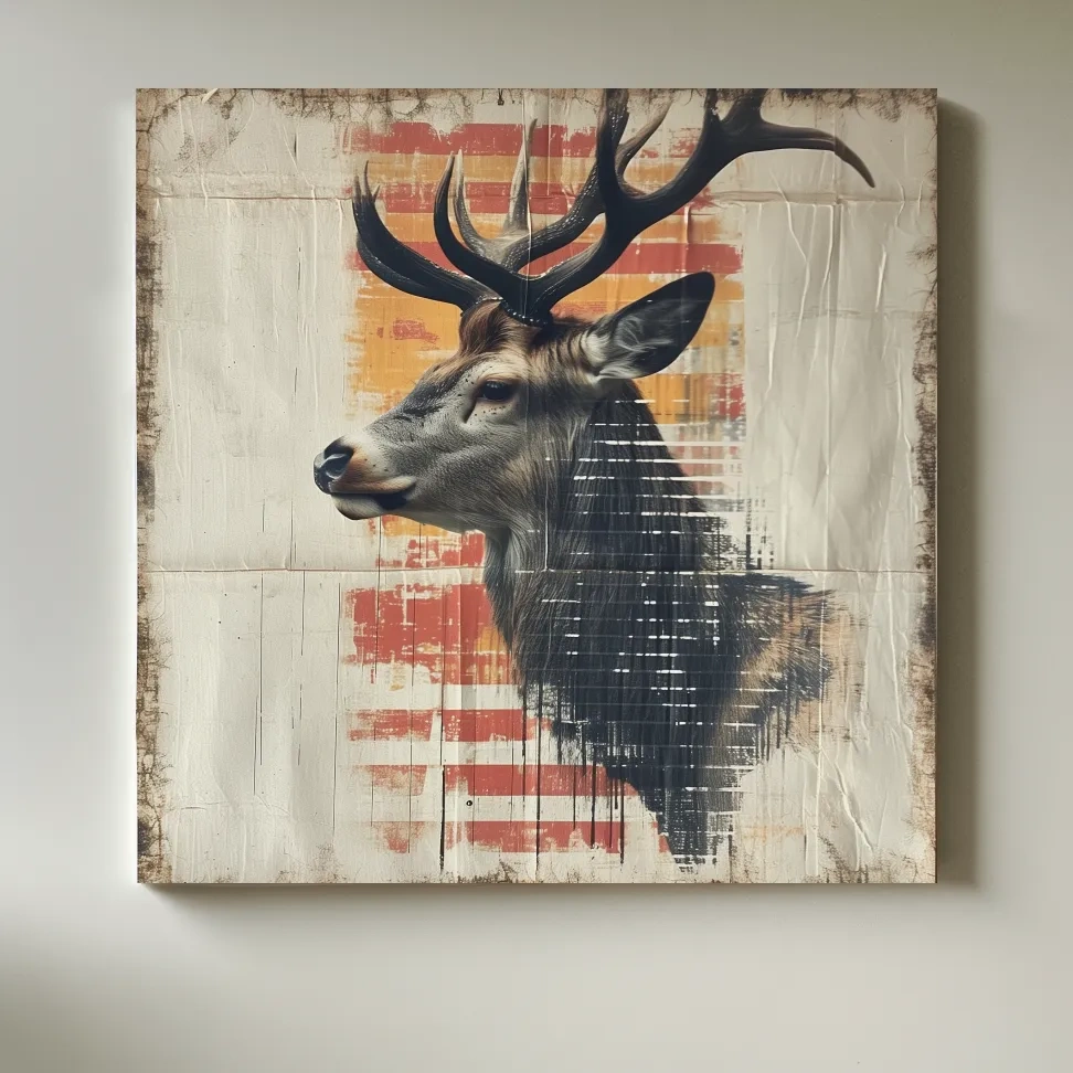 Deer head artwork, collage style art on textured paper