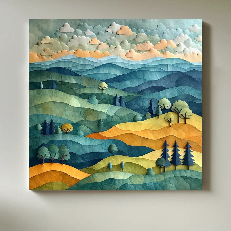 Happy hillside scene, 3d layered paper quilling cutout effect