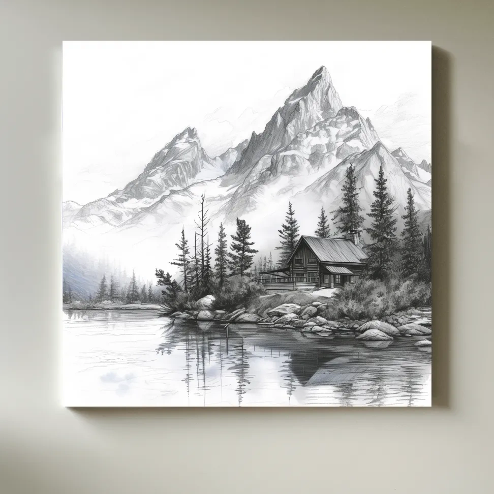 Lead pencil drawing of a cabin by an alpine lake beneath a glacier, mountain art