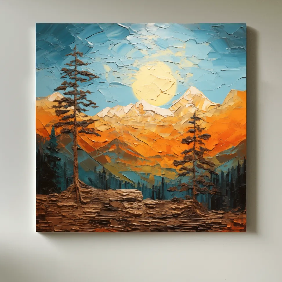 Mountains at sunset artwork print, thick impasto textured oil painting effect