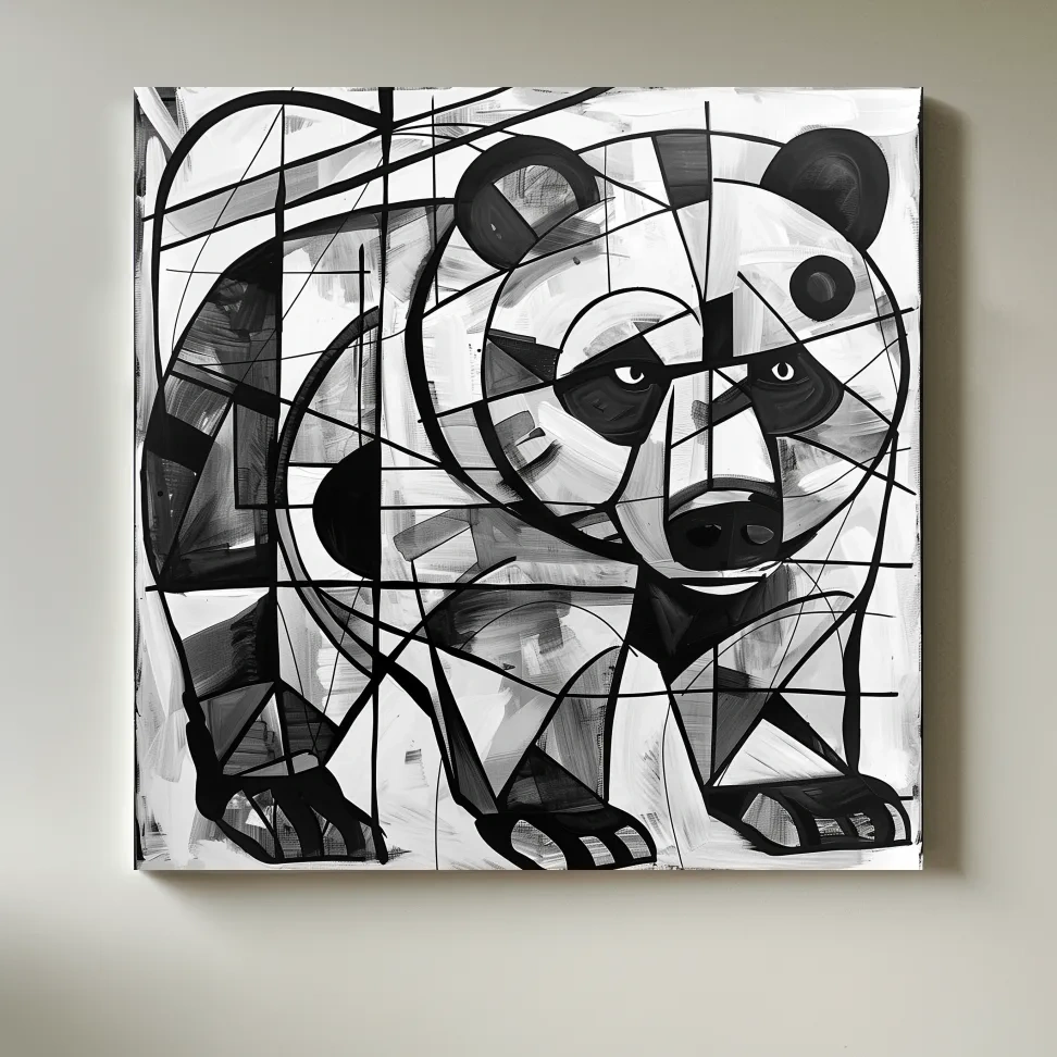 Abstract cubism style painting of a black bear