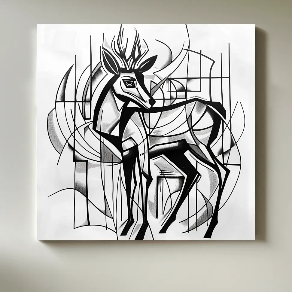 Abstract artwork, geometric deer painting, cubism line art