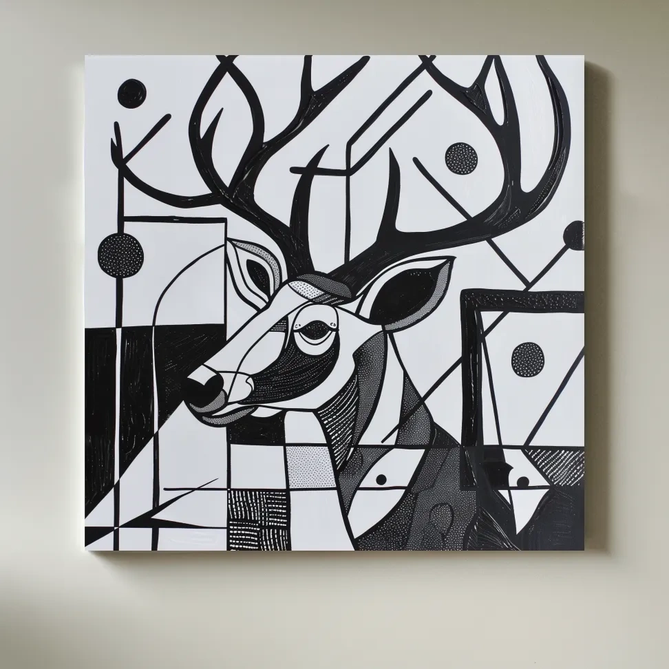Abstract painting, black & white deer head and antlers artwork