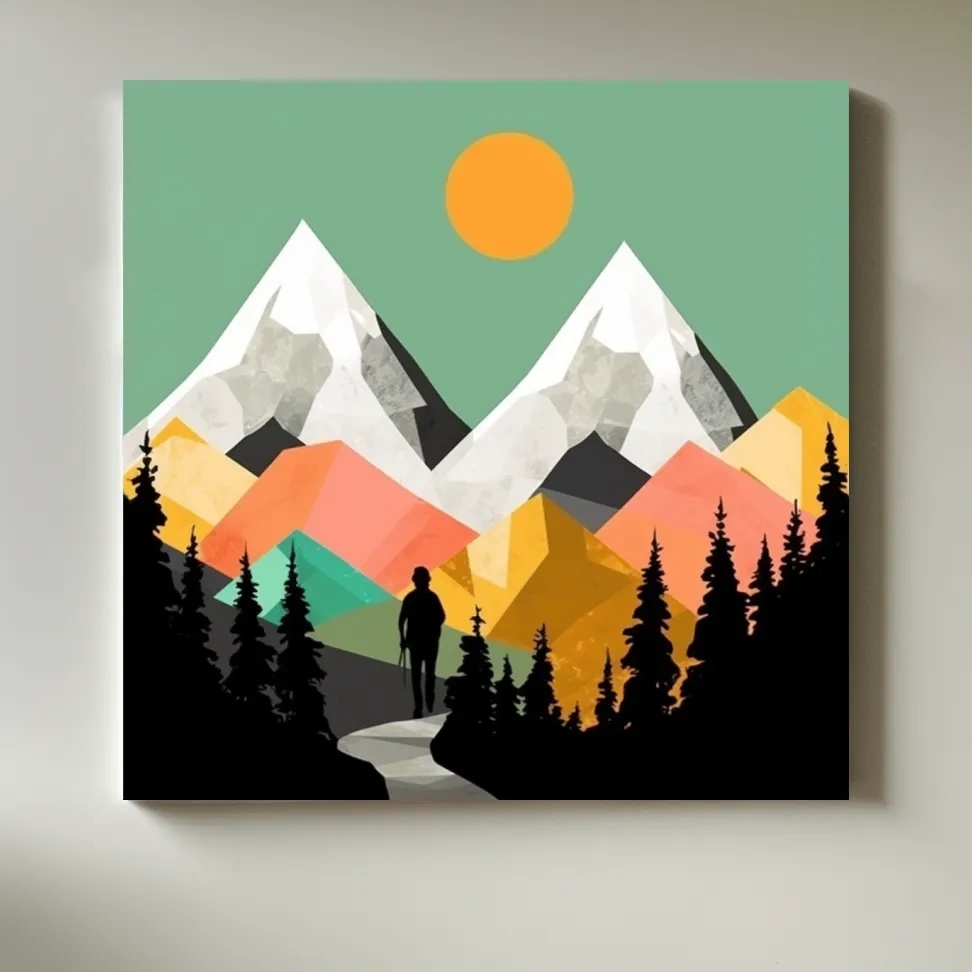 A mountain art scene made from colourful abstract shapes