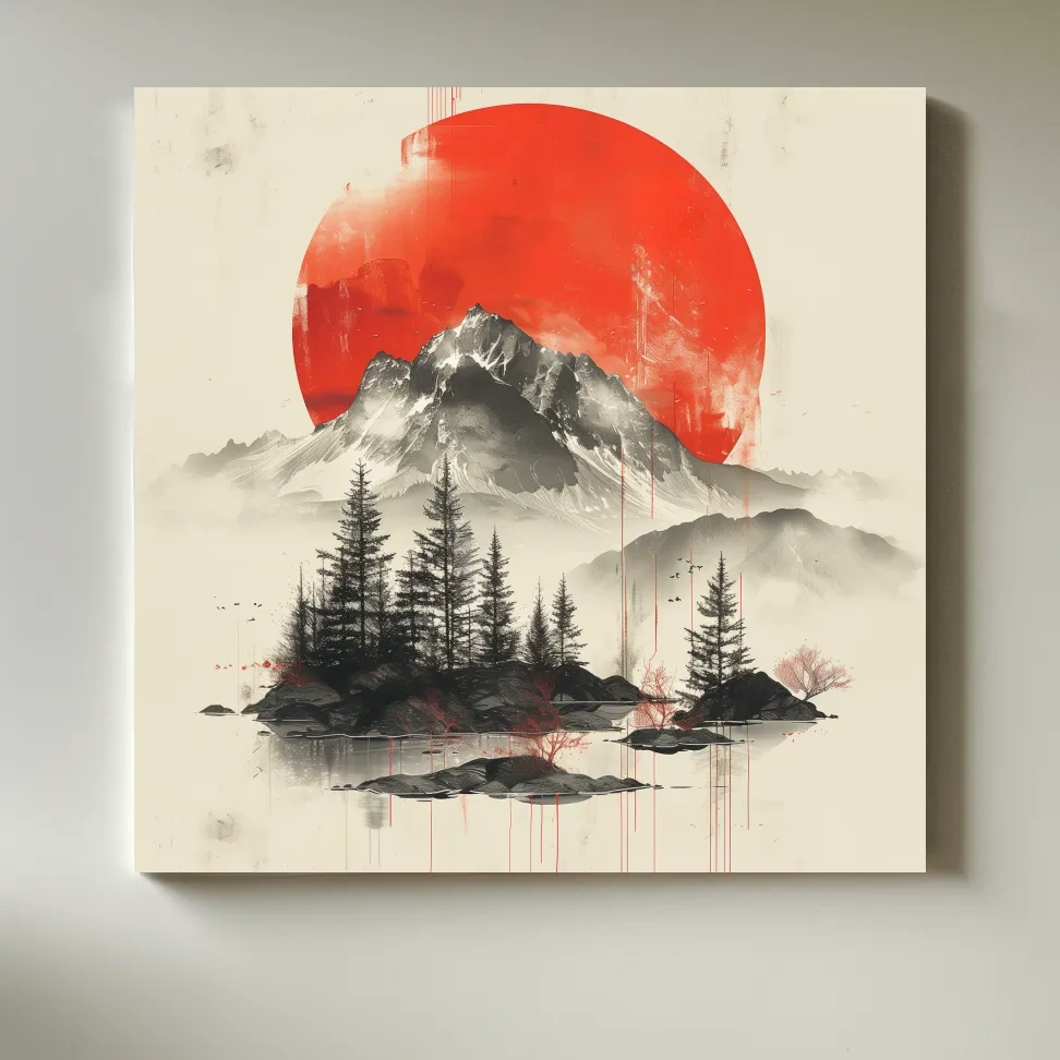 Japandi style minimalist artwork, sunset over a mountain glacier