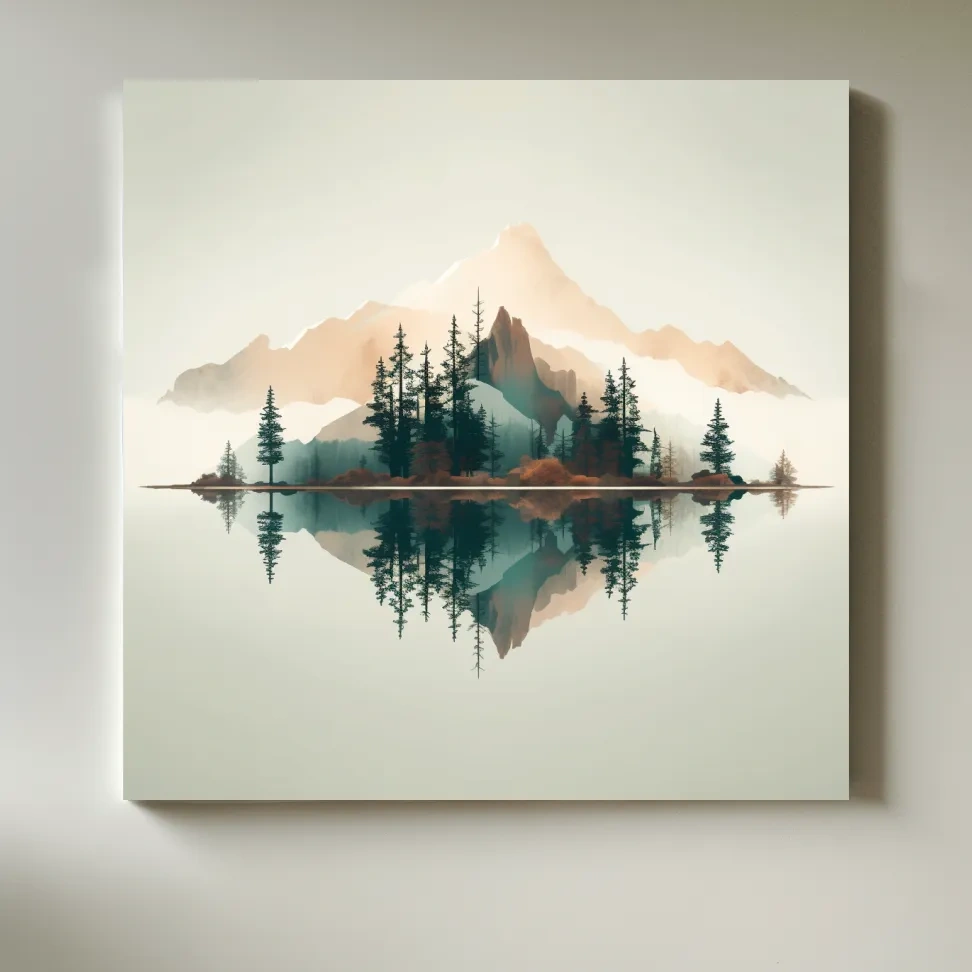 Minimalist Watercolor Mountain Lake Reflection - Serene Pine Forest Landscape Wall Art