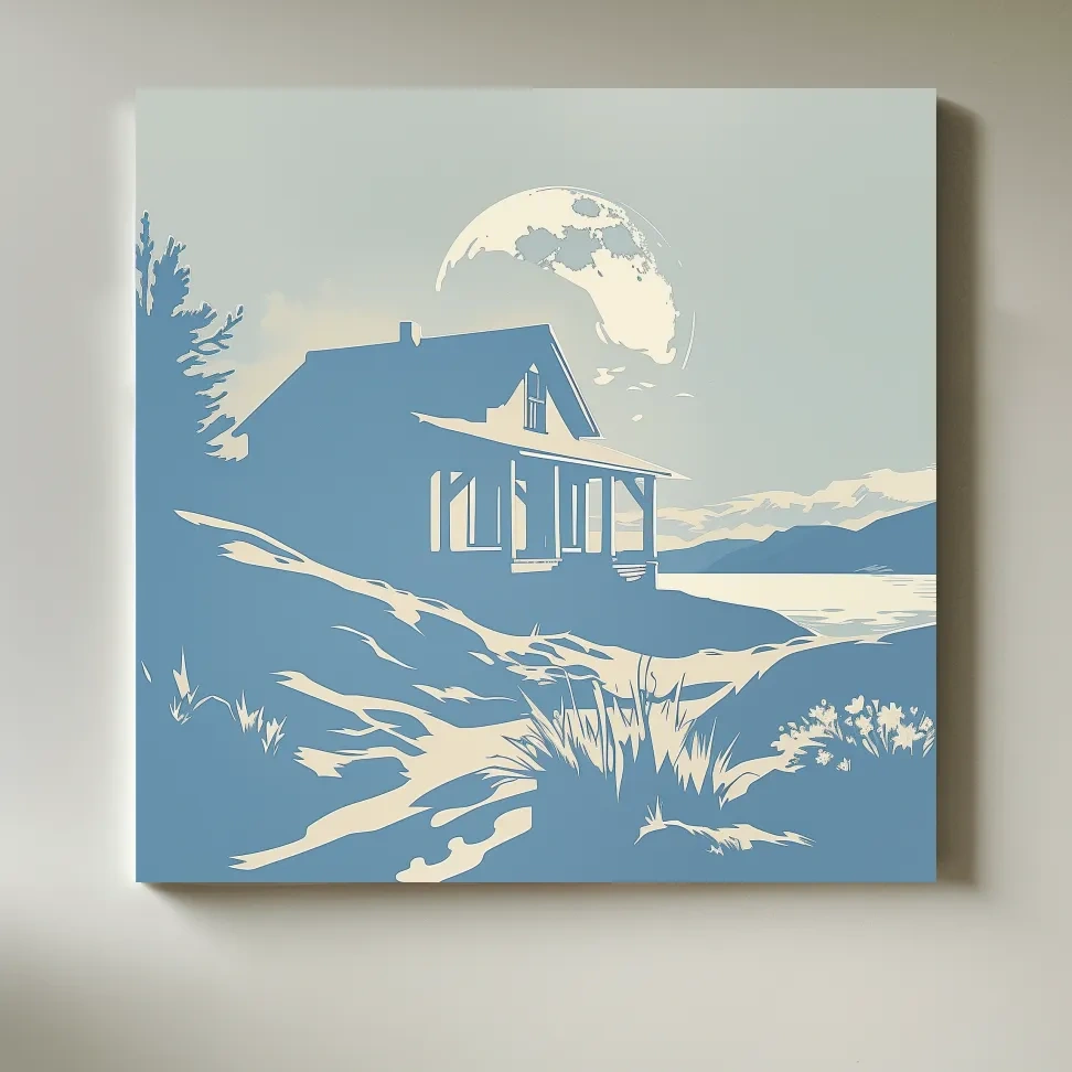 Lakeside cabin on a moonlit night, minimal vector wall artwork