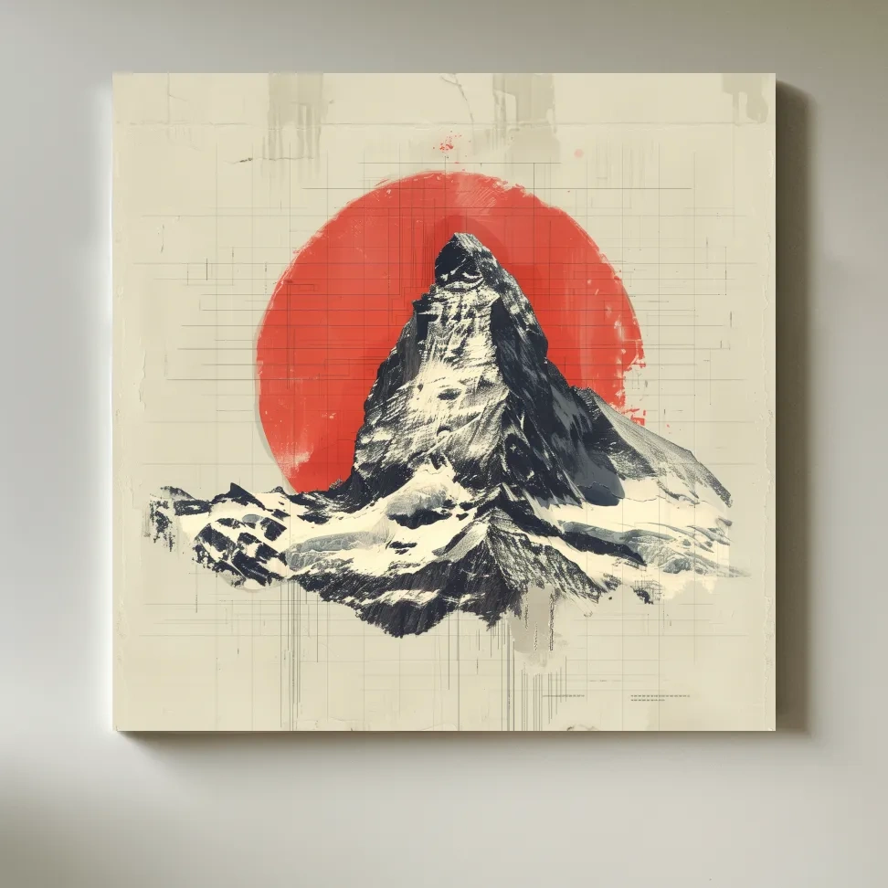 Matterhorn at sunset drawing, Swiss Alps, Japandi style illustration mountain artwork