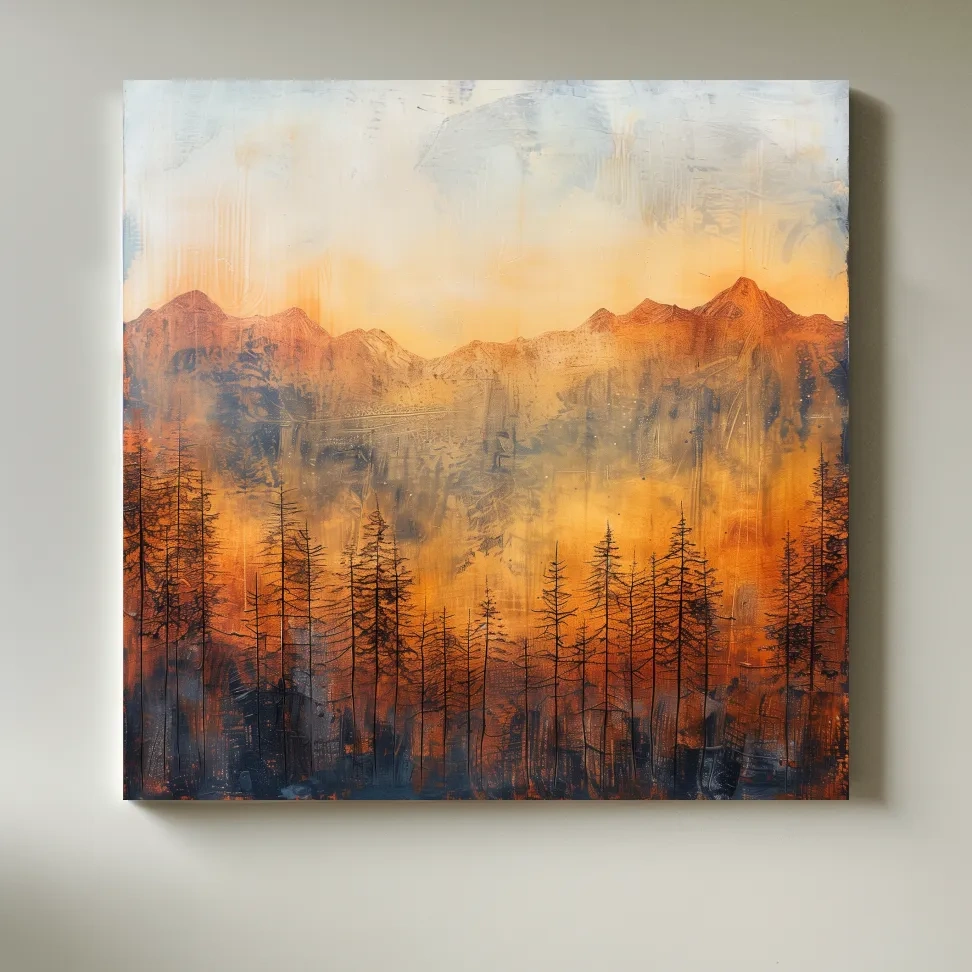 Landscape painting, mountains and trees, textured mixed-media style artwork