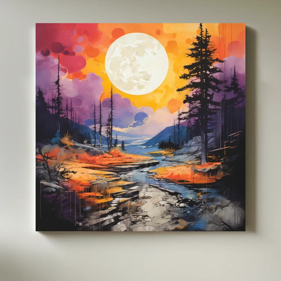 Colorful river and mountain sunset scene, illustration wall art