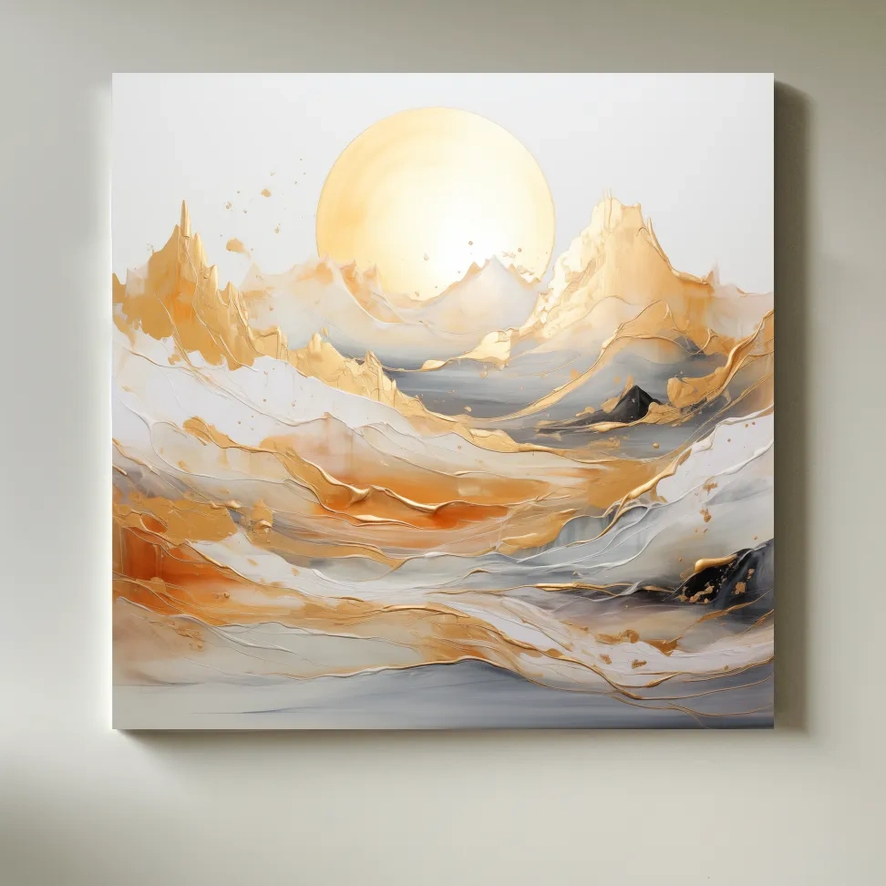Gold leaf style painting of a mountain landscape