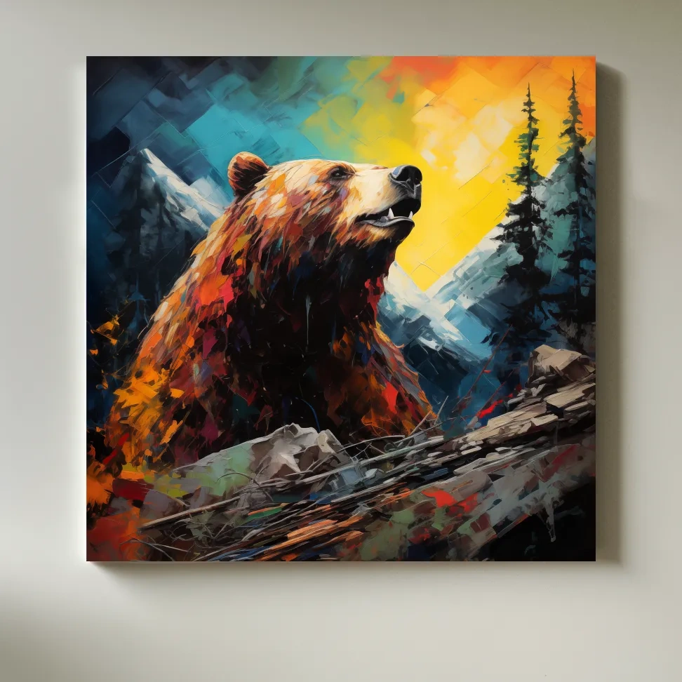 Colourful painting of a grizzly bear in the mountains