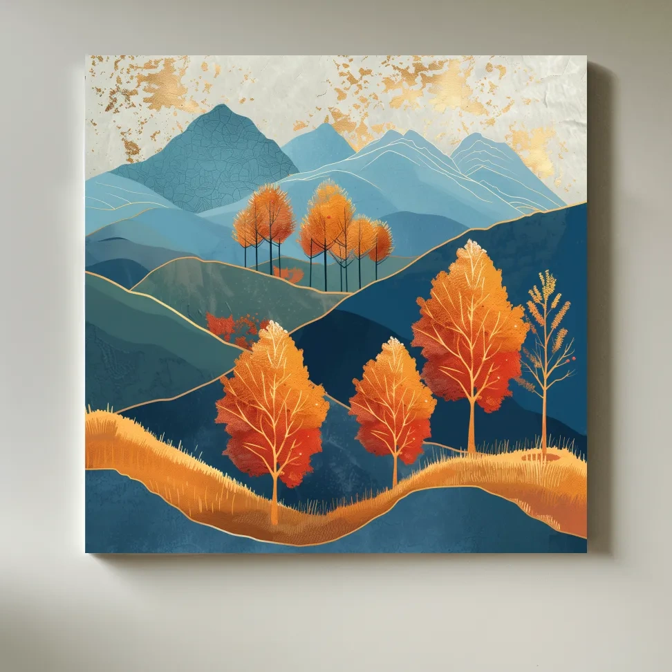 Autumn Aspen Trees In Layered Blue Mountains - Modern Gold Leaf Style Wall Art